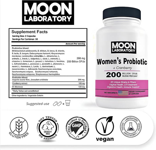 Premium Women's Probiotic, Prebiotic + Cranberry, 200 Billion CFUs, 35 Unique Strains & Fibers. PH Balance, Digestive, UTI & Overall Feminin Health. 60 Capsules.