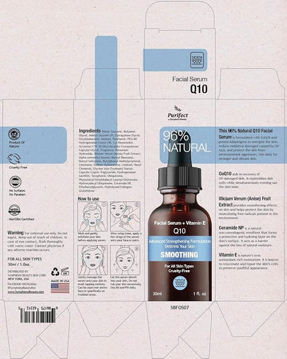 96% NATURAL Coenzyme Q10 Facial Serum for Anti Aging Moistrize Reduce Fine Lines Smooth Wrinkles with CoQ10 Ceramides Fruit Extract 30ml 1fl oz Non-Greasy and Fast Absorbing PURIFECT MADE IN USA