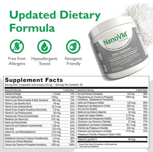 9-18 Years, Allergen-Free Kids Multivitamin, Unflavored Powdered Vitamins, Multivitamin Powder with 13 Vitamins & 13 Minerals, Low-Carbohydrate Vitamin Supplements, 275g - Solace Nutrition