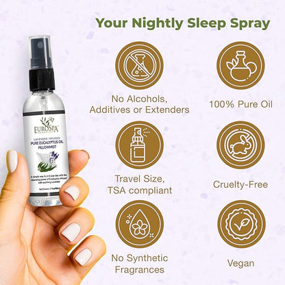 EuroSpa Aromatics Lavender-Infused Pure Eucalyptus Oil Pillow Mist Sleep Spray - Deep Sleep Pillow Spray - Lavender Bed Spray - Lavender Spray Sleep Mist - Lavender Linen Spray for Bedding - 2oz