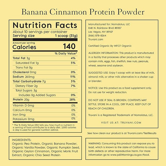 Truvani Vegan Pea Protein Powder | Banana Cinnamon | 20g Organic Plant Based Protein | 10 Servings | Keto | Gluten & Dairy Free | Low Carb | No Added Sugar
