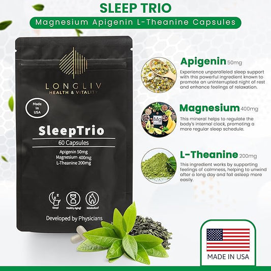 Sleep Trio - Made in USA Magnesium Apigenin L-Theanine Capsules – Premium 3-in-1 Cocktail for Sleep Management - Sleep Cocktail – Without Melatonin - 60 Capsules