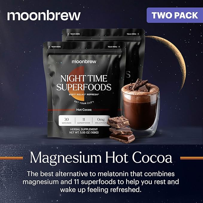 MoonBrew Nighttime Magnesium Hot Cocoa, Natural Sleep Aid Drink Mix for Adults - Calming Melatonin-Free Sleep Support - Sleepy Hot Chocolate Powder with L-Theanine, Chamomile & Zinc Glycinate - 2-Pack