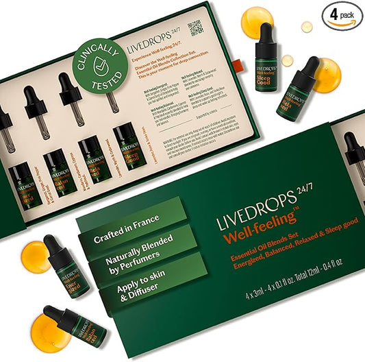 LIVEDROPS 24/7 Essential Oil Gift Set 4 mini Aromatherapy Blends for Energy, Sleep, Relax Natural Oils for Diffuser or Skin Crafted in France by Perfumers Wellness Gift