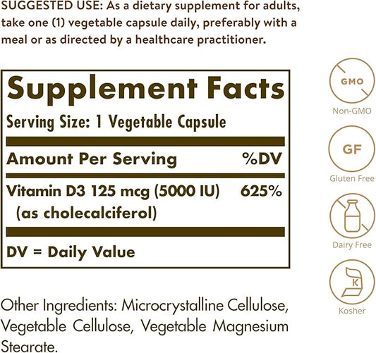 Solgar Vitamin D3 (Cholecalciferol) 125 mcg (5000 IU), 240 Vegetable Capsules - Helps Maintain Healthy Bones & Teeth - Immune System Support - Non-GMO, Gluten Free, Dairy Free, Kosher - 240 Servings