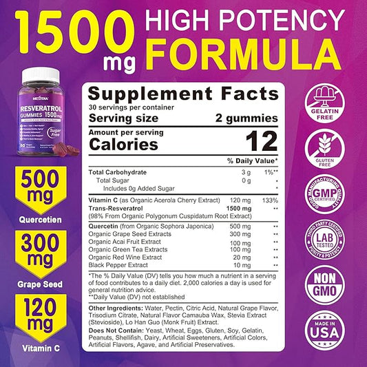 Resveratrol Gummies 1500mg - Sugar Free Resveratrol Supplement with Quercetin, Grape Seed, Acai Berries Extracts Support Antioxidant, Healthy Aging & longevity, Skin, Joint, Brain Wellness - 2Pack