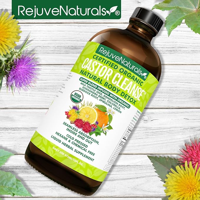 RejuveNaturals Castor Cleanseâ¢ - USDA Organic Castor Oil, Chlorella, Spirulina, Roots & Greens for Wellness, Digestive Support, Daily Balance. 3-Month Supply Gut Cleanse Detox for Women & Men - 16oz.