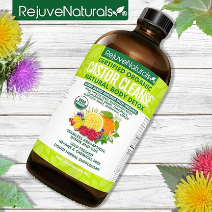 RejuveNaturals Castor Cleanseâ¢ - USDA Organic Castor Oil, Chlorella, Spirulina, Roots & Greens for Wellness, Digestive Support, Daily Balance. 3-Month Supply Gut Cleanse Detox for Women & Men - 16oz.