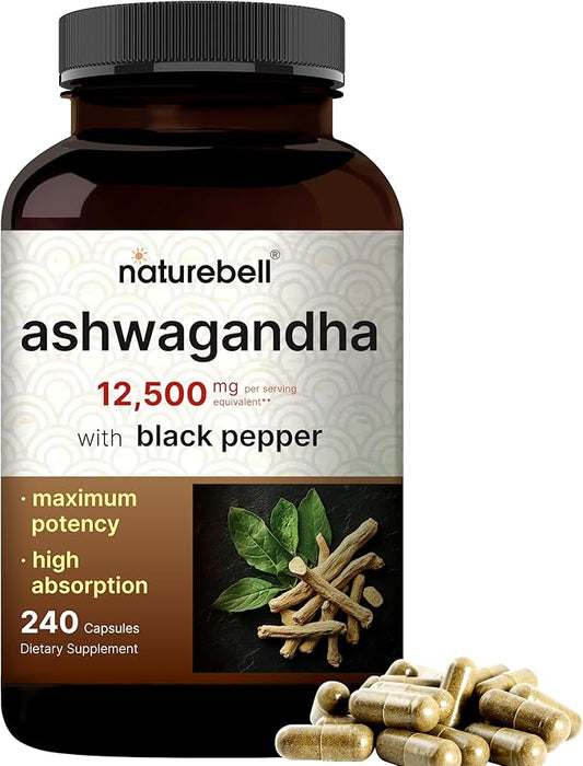 NatureBell Ashwagandha 12,500 mg Equivalent with Black Pepper, 240 Capsules | High Absorption Complex â Extra Strength 25:1 Root Extract â Adaptogens Supplements for Relaxation â Non-GMO