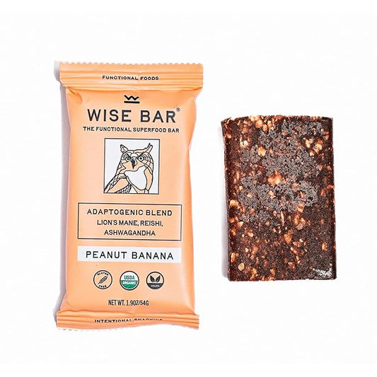 Wise Bar Adaptogen Mushroom Nutrition Bars | Peanut Butter Banana Flavor | 12 Count | Functional Mushrooms and Adaptogens Bar | Organic Nutrition Energy Bars, Vegan, Gluten Free