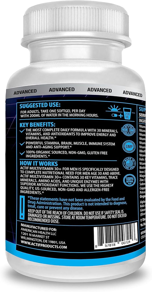 ACTIF Organic Multivitamin for Men Age 30+ with 30 Organic Vitamins and Organic Herbs, Non-GMO, Made in USA, 90 Count