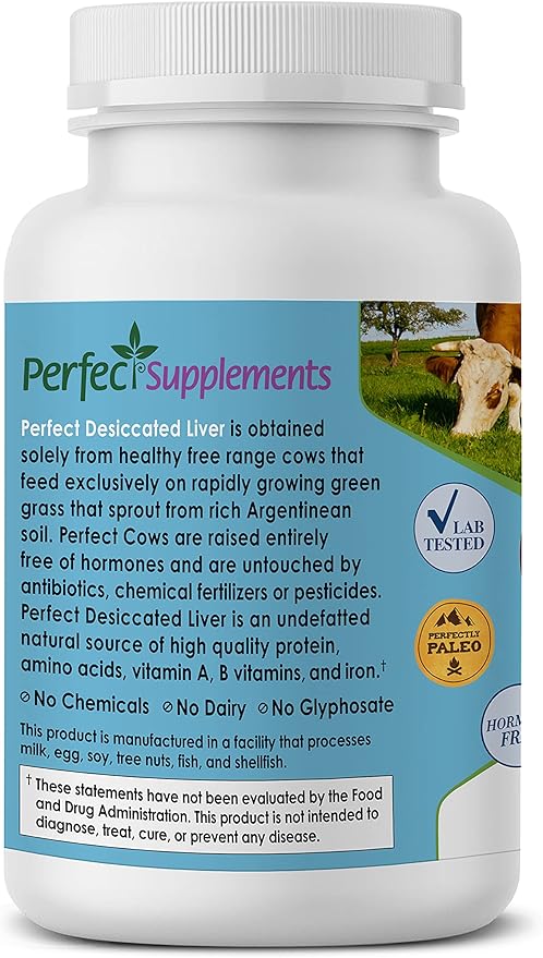 Perfect Supplements â Desiccated Beef Liver Capsules Grass Fed Supplement -Natural Source of Protein, Iron, Vitamins A & B- Boosts Energy and Immunity - No Chemicals No Dairy and Hormone Free