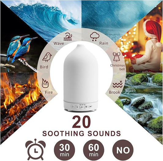 200ML White Noise Ceramic Diffuser,Sleep Sound Machine with 20 Natural Soothing Sounds, 7 Color Lights,Essential Oil Diffuser, Timer for Baby, Kids, Adults, Office, Home(White Grain)
