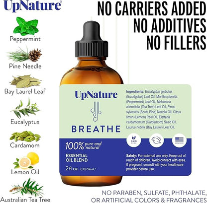 UpNature Breathe Essential Oil - Huge 2oz - Essential Oils for Diffusers Humidifiers Spa Respiratory Menthol Blend