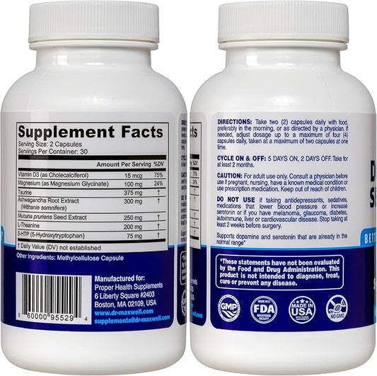 Serotonin and Dopamine Supplements, Better Than Dopamine or Serotonin Support Only. Helps Maintain Normal Neurotransmitter Levels. Mucuna Pruriens, 5-HTP, 60 Capsules Women Men