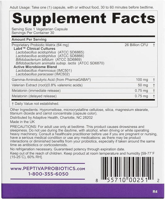 Peptiva 26 Billion CFU Probiotic and Sleep Support - Clinically Validated Multi-Strain Probiotic - Lactobacillus and Bifidobacterium, Melatonin - 30 Count
