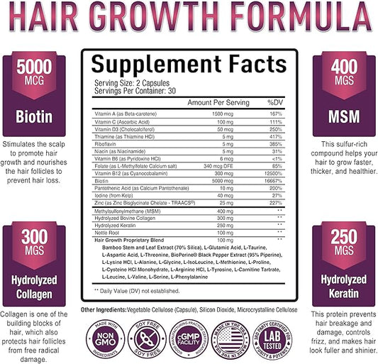 Premium Hair Growth for Women & Men - Hair Growth Vitamins w/ Biotin & Keratin - Prevents Hair Loss & Thinning, Supports Thicker Healthier Hair Growth - Supplement for All Hair Types, 60 Capsules