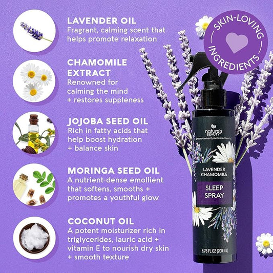 Nature's Beauty Lavender Chamomile Sleep Spray Multi-Pack - Sleep Well + Relax with Premium Grade Room + Pillow Spray, Made w/Coconut, Jojoba + Moringa Seed Oils, 6.76 fl oz (2 Pack)