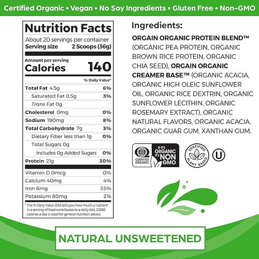 Orgain Organic Vegan Protein Powder, Natural Unsweetened - 21g of Plant Protein, 4g Prebiotic Fiber, Low Net Carbs, No Lactose Ingredients, No Added Sugar, Non-GMO, For Shakes & Smoothies, 1.59 lb